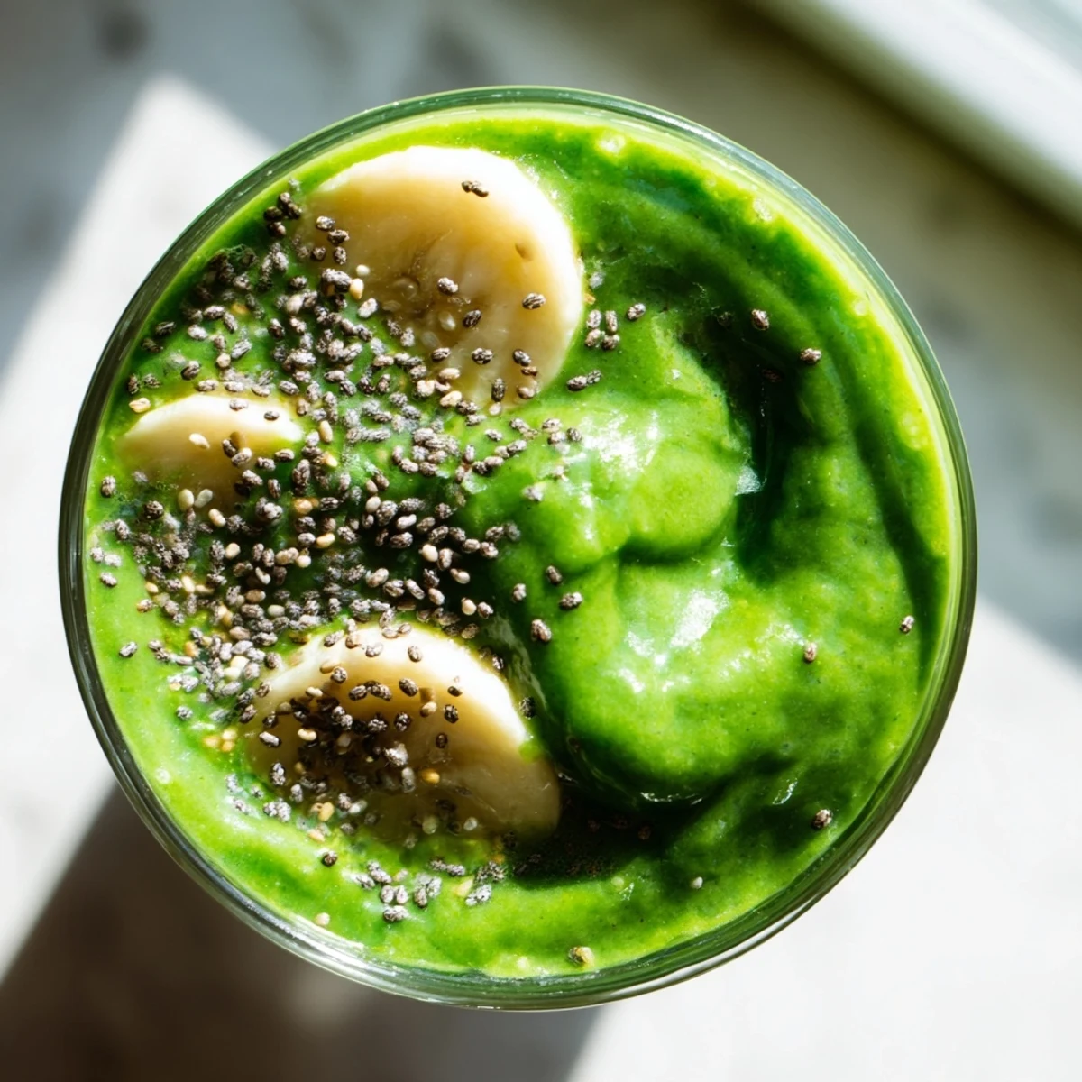 Thick, frosty Shamrock Green Smoothie with Spinach and Banana topped with chia seeds, poured beside crisp apple slices.