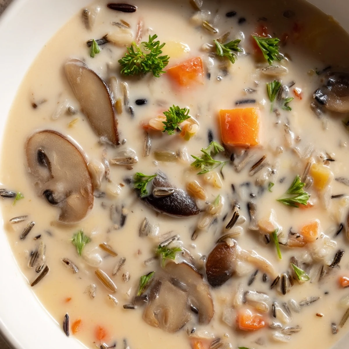 A close-up of velvety Creamy Mushroom and Wild Rice Soup, highlighting sautéed mushrooms and tender wild rice in a rich, herb-infused broth.