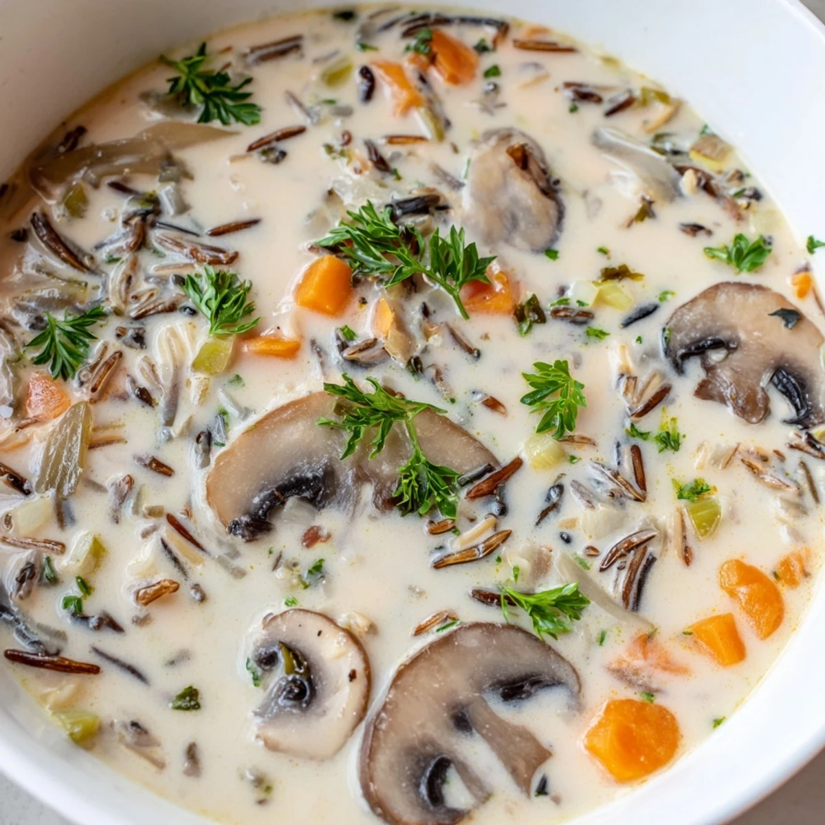 Ladle of Creamy Mushroom and Wild Rice Soup held over a pot, with steam rising and fresh thyme and parsley nearby.