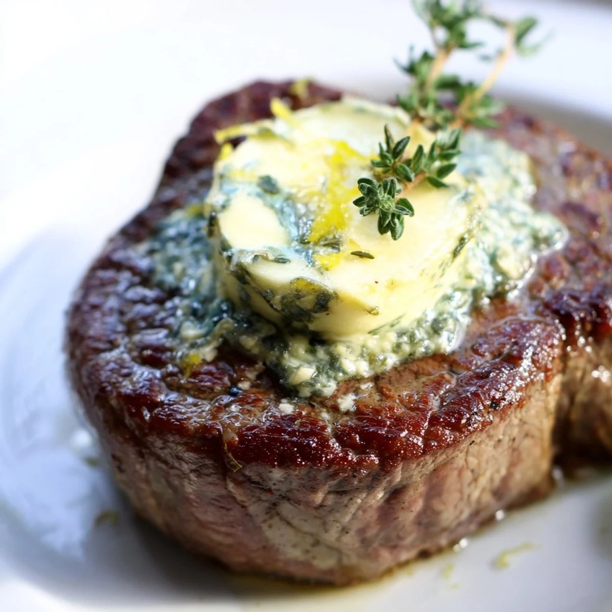 A juicy filet mignon with garlic herb butter melting over a golden-brown crust, served on a white plate.