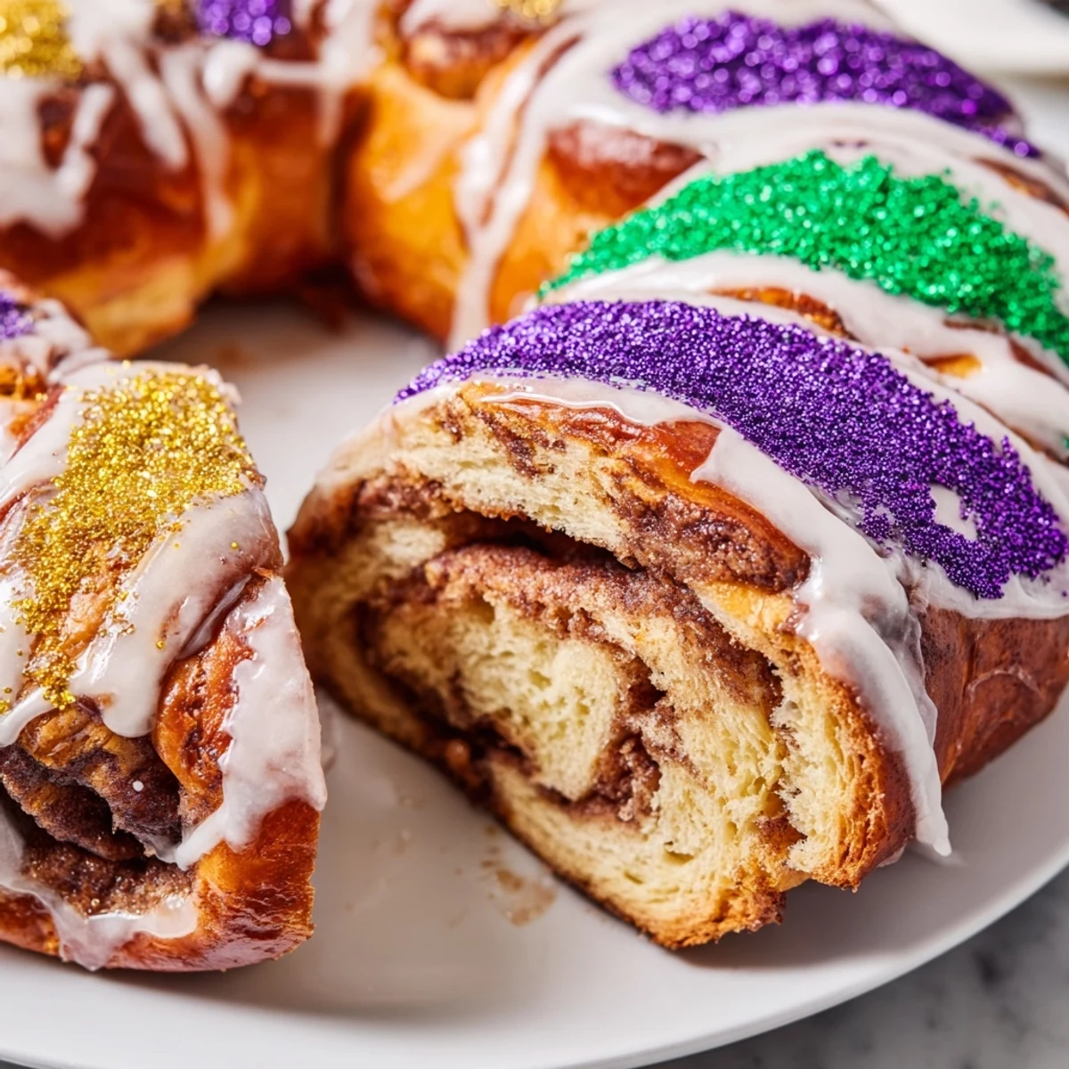 A slice of homemade King Cake with cinnamon swirl and vanilla icing, garnished with purple, green, and gold sanding sugars.