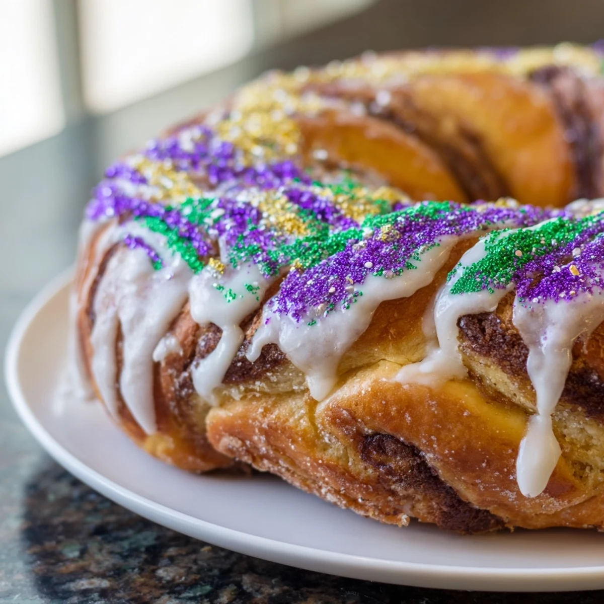 Freshly baked King Cake showing the soft brioche texture, cinnamon filling, and a generous glaze on top.