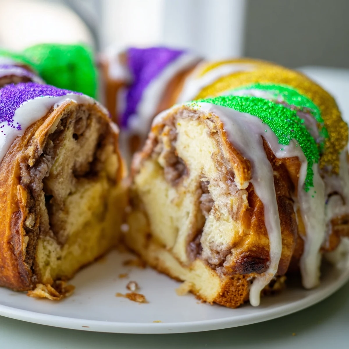 Warm King Cake with a gooey cinnamon swirl, drizzled with sweet vanilla icing and colorful Mardi Gras sprinkles.