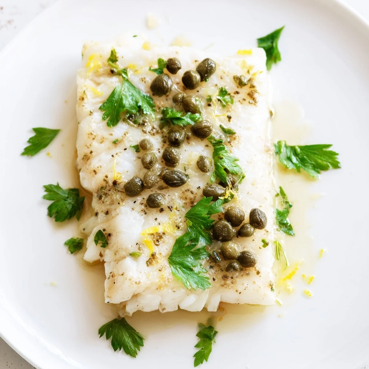 Easy baked cod with lemon butter and capers served alongside bright lemon slices and herbs.
