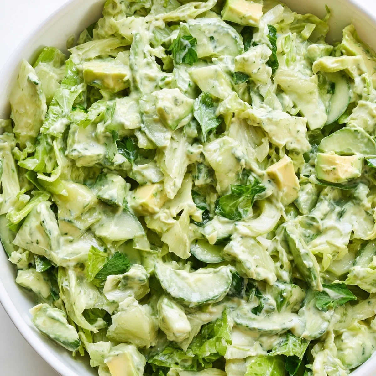 Creamy Green Goddess dressing coats crunchy veggies and fresh herbs in this vibrant, healthy salad.