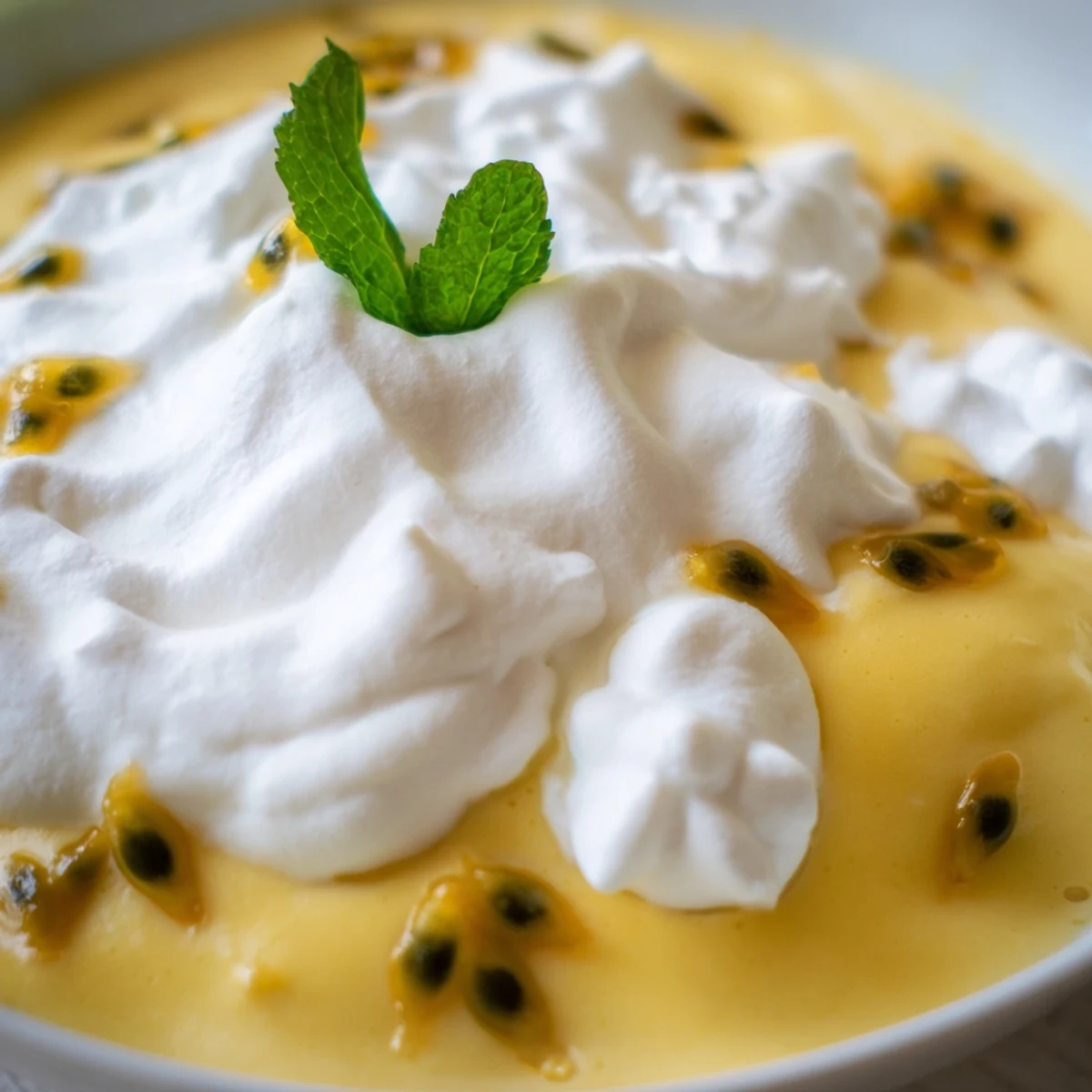 Light and airy Passion Fruit Mousse with Whipped Cream in a clear glass, garnished with fresh seeds and a mint leaf for a vibrant tropical finish.