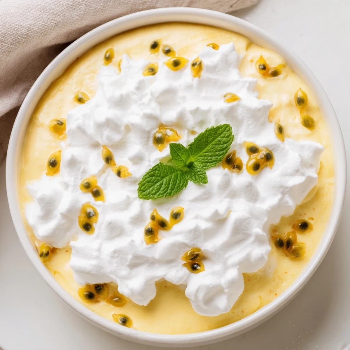 Creamy Passion Fruit Mousse with Whipped Cream topped with fluffy dollops, its bright orange hue and silky texture ideal for warm-weather entertaining.