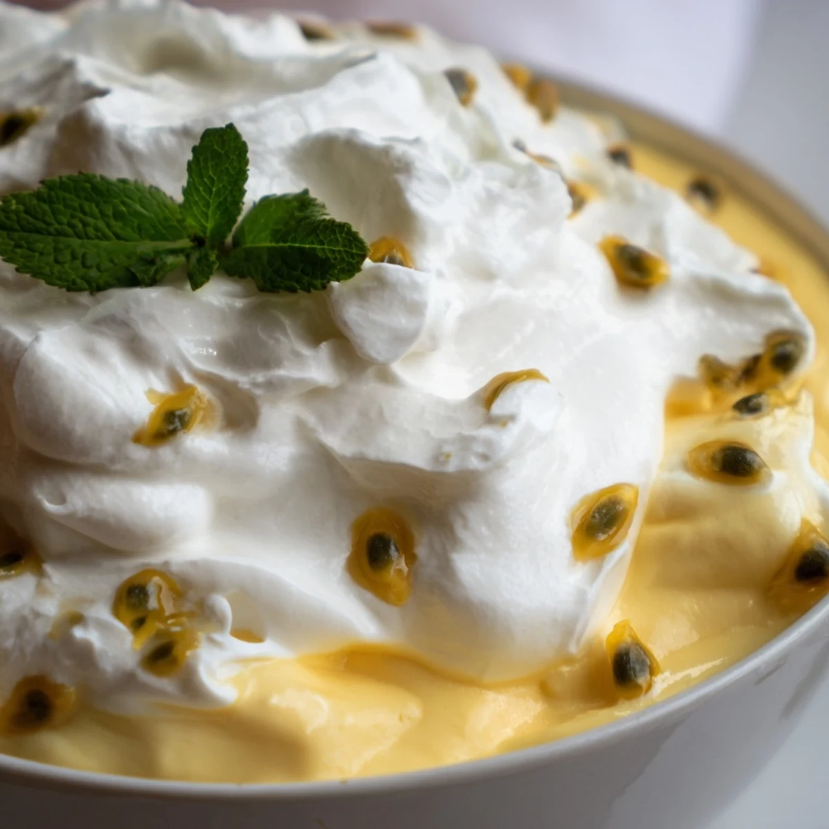 Chilled Passion Fruit Mousse with Whipped Cream served in elegant dessert glasses, garnished with a spoon and fresh pulp for a refreshing summer treat.