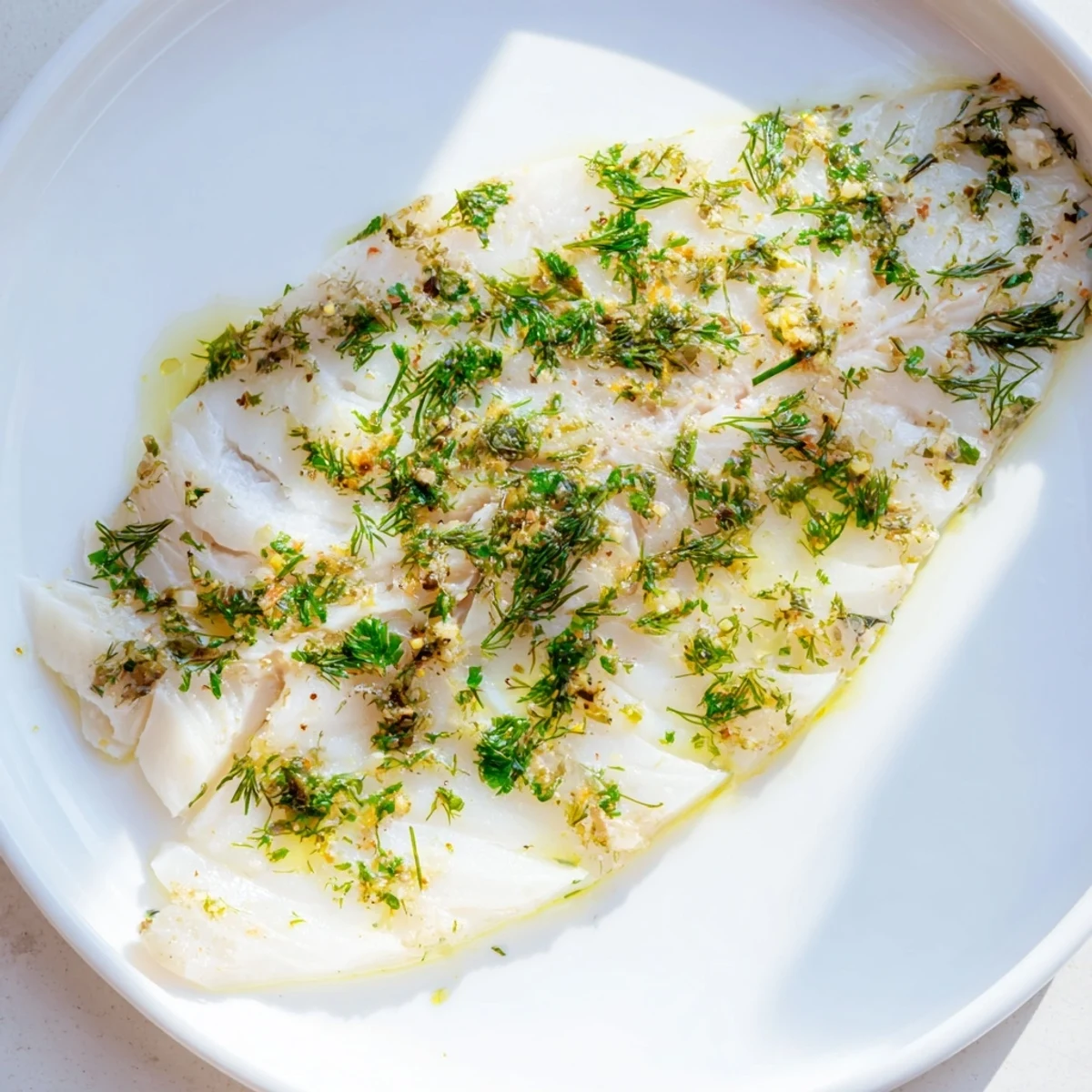 Golden baked hake fillets glistening with lemon and herbs on a white plate, garnished with fresh parsley and dill.