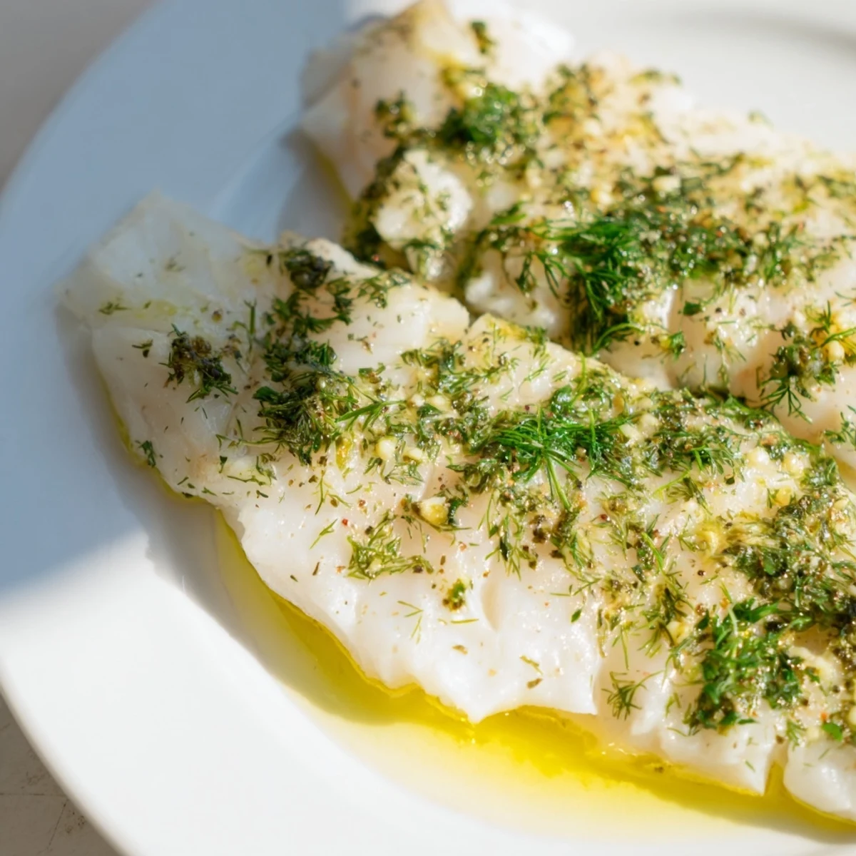 Tender hake fillets topped with garlic, parsley, and lemon zest, ready for a healthy, gluten-free weeknight dinner.