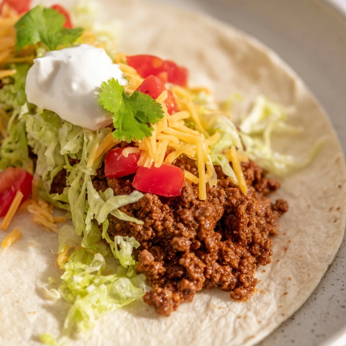 Close-up of Beef Tacos with Soft Flour Tortillas, featuring juicy ground beef, diced tomatoes, sour cream, and jalapeños on a rustic wooden table.