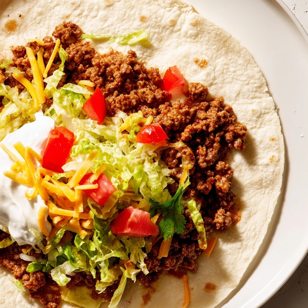 Vibrant platter of Beef Tacos with Soft Flour Tortillas, ready to serve with cilantro, lime wedges, and colorful garnishes for a family dinner.