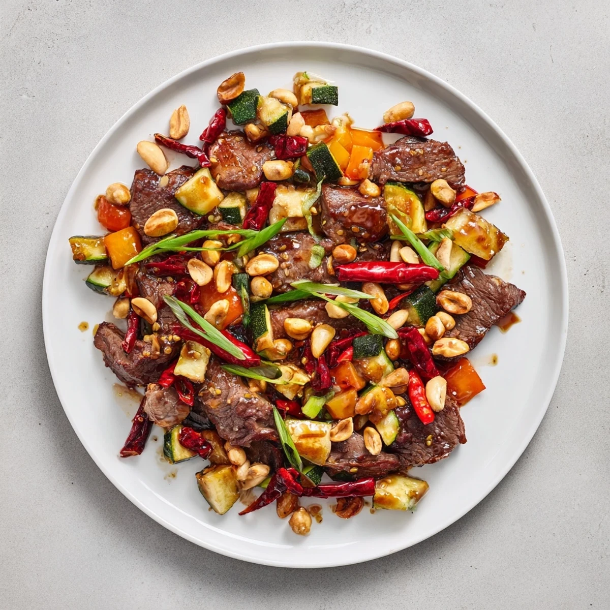 Freshly prepared Spicy Kung Pao Beef with peanuts served over fluffy white rice in a bowl.