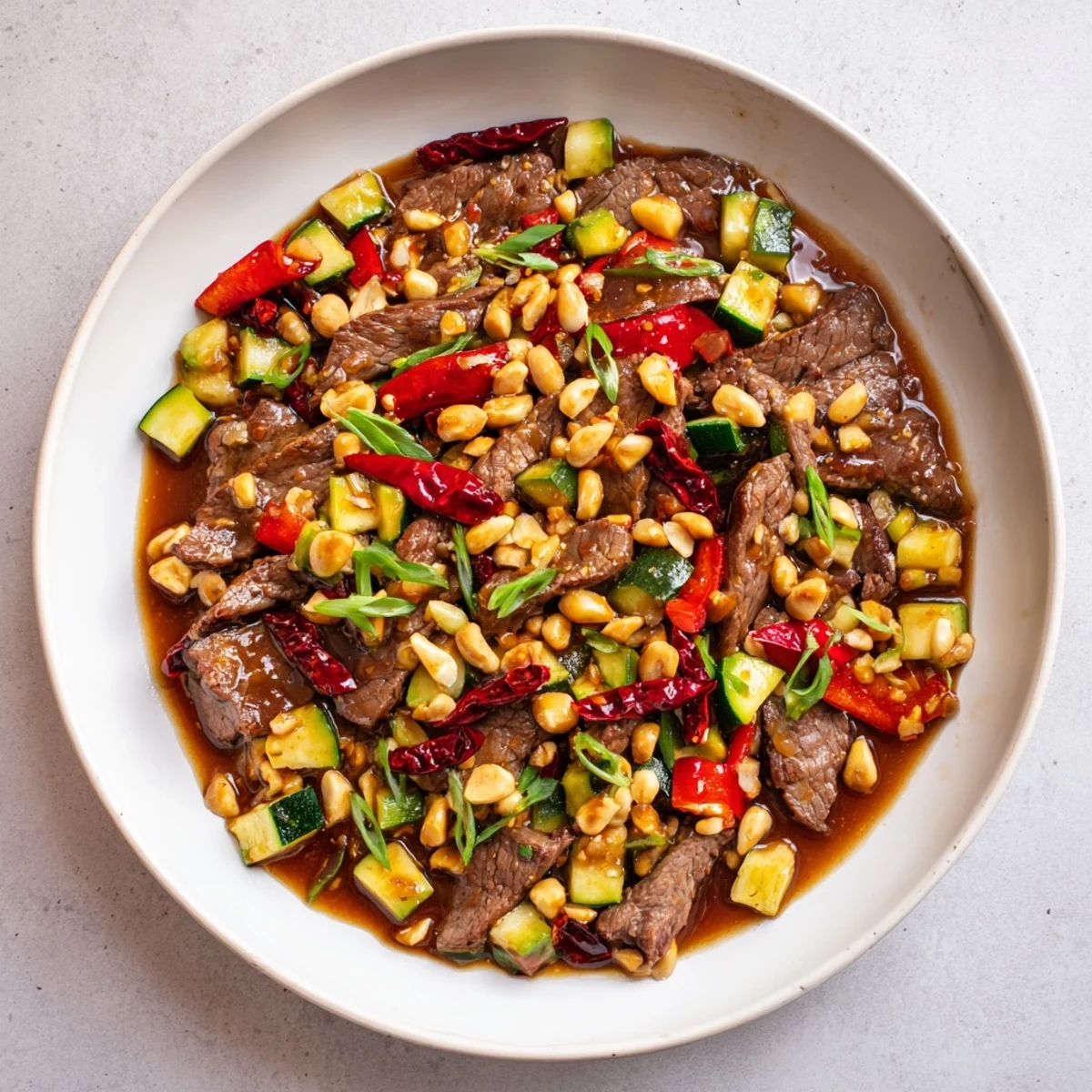 Close-up of tender Spicy Kung Pao Beef with crunchy peanuts and red chili garnish.