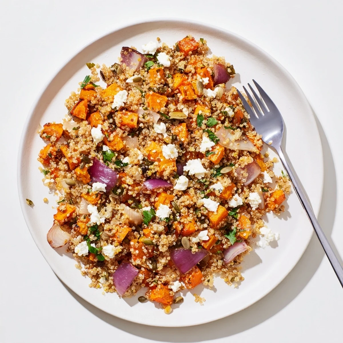 A wholesome warm quinoa salad with roasted root vegetables served with feta, pumpkin seeds, and lemon-herb dressing.  