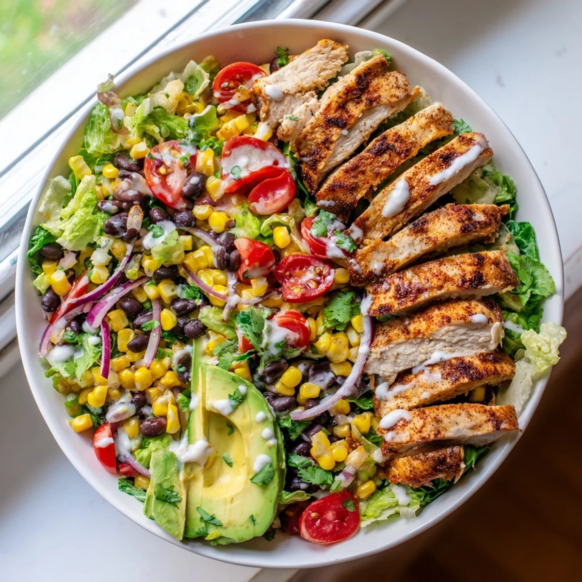 A vibrant Southwest Chicken Salad with Lime Dressing features grilled chicken, black beans, corn, and fresh veggies on a bed of crisp romaine lettuce.