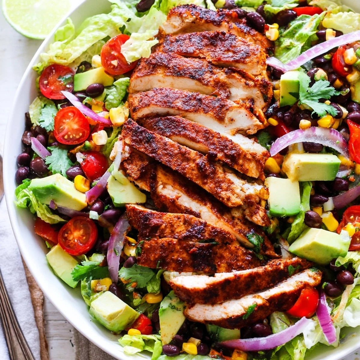 Freshly grilled chicken slices rest atop a colorful Southwest Chicken Salad with Lime Dressing, including avocado, tomatoes, and red onion for a healthy lunch.