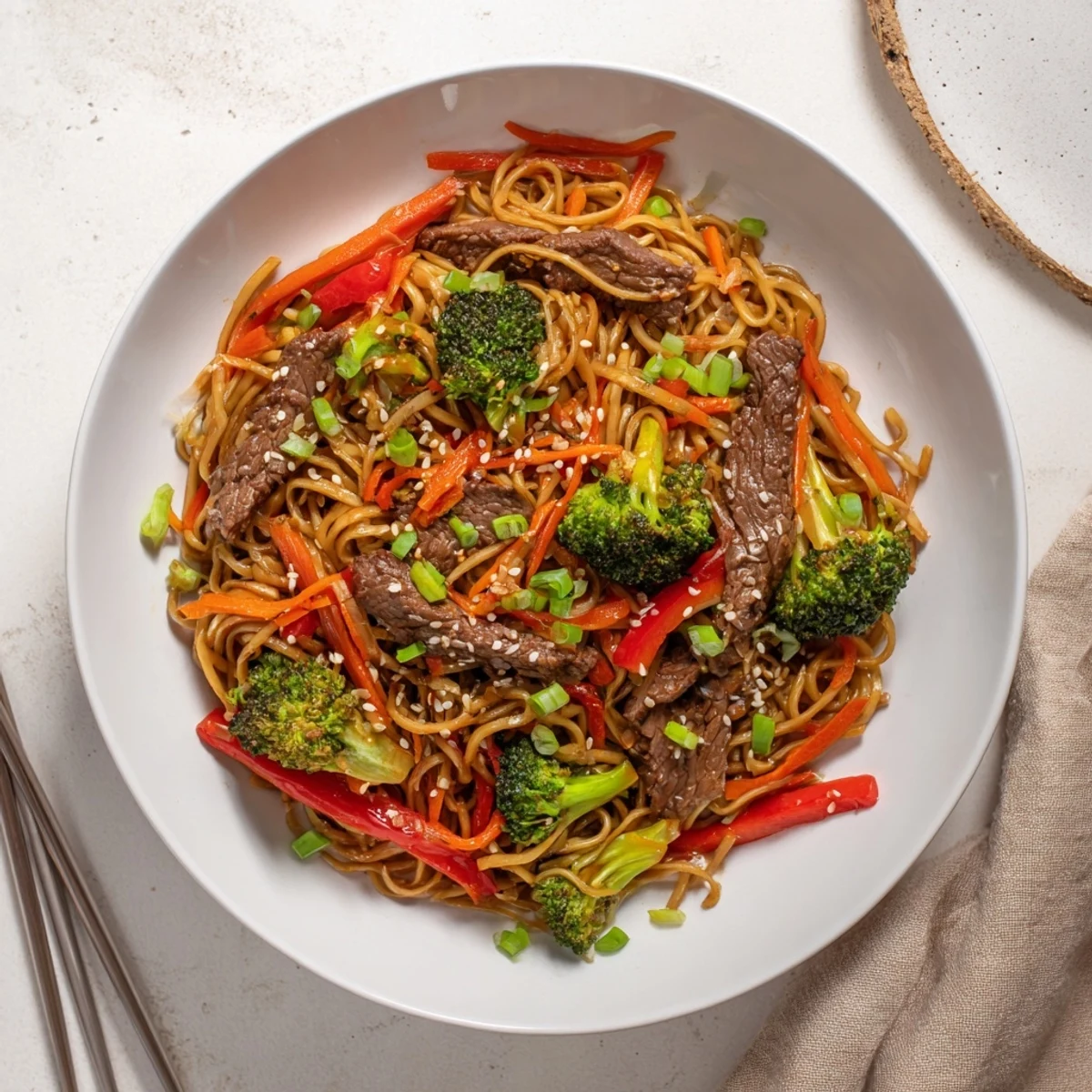Tender beef strips, crisp broccoli, and lo mein noodles coated in a glossy sesame soy sauce in a hot wok.