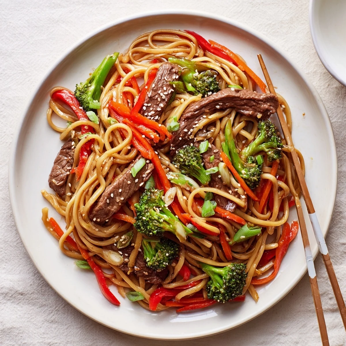 Savory Beef and Broccoli Lo Mein with Sesame piled high on a white plate, garnished with green onions and sesame seeds.