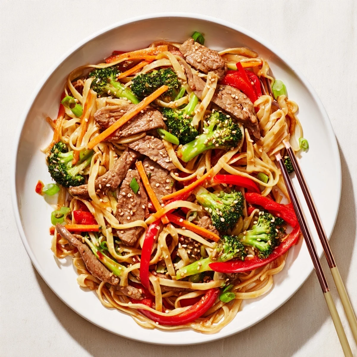 A close-up view of Beef and Broccoli Lo Mein with Sesame, highlighting juicy beef and vibrant vegetables in a rich sauce.