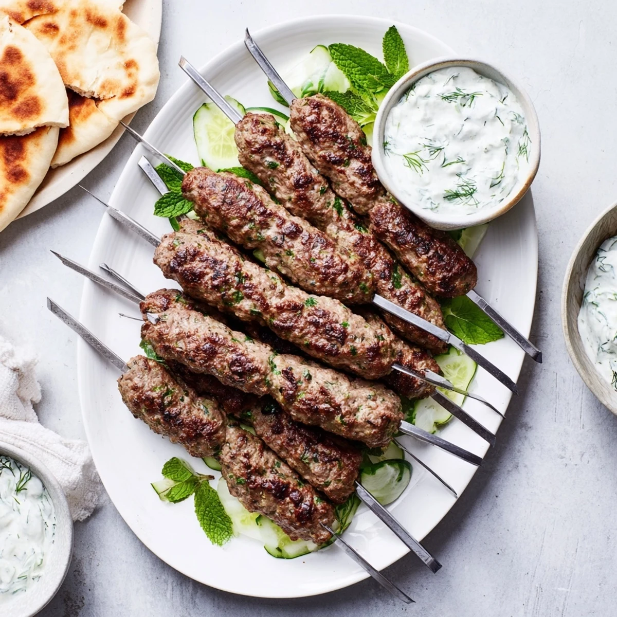 Juicy grilled beef kofta kebabs, seasoned with cumin and paprika, served with cool cucumber yogurt sauce on a rustic platter.