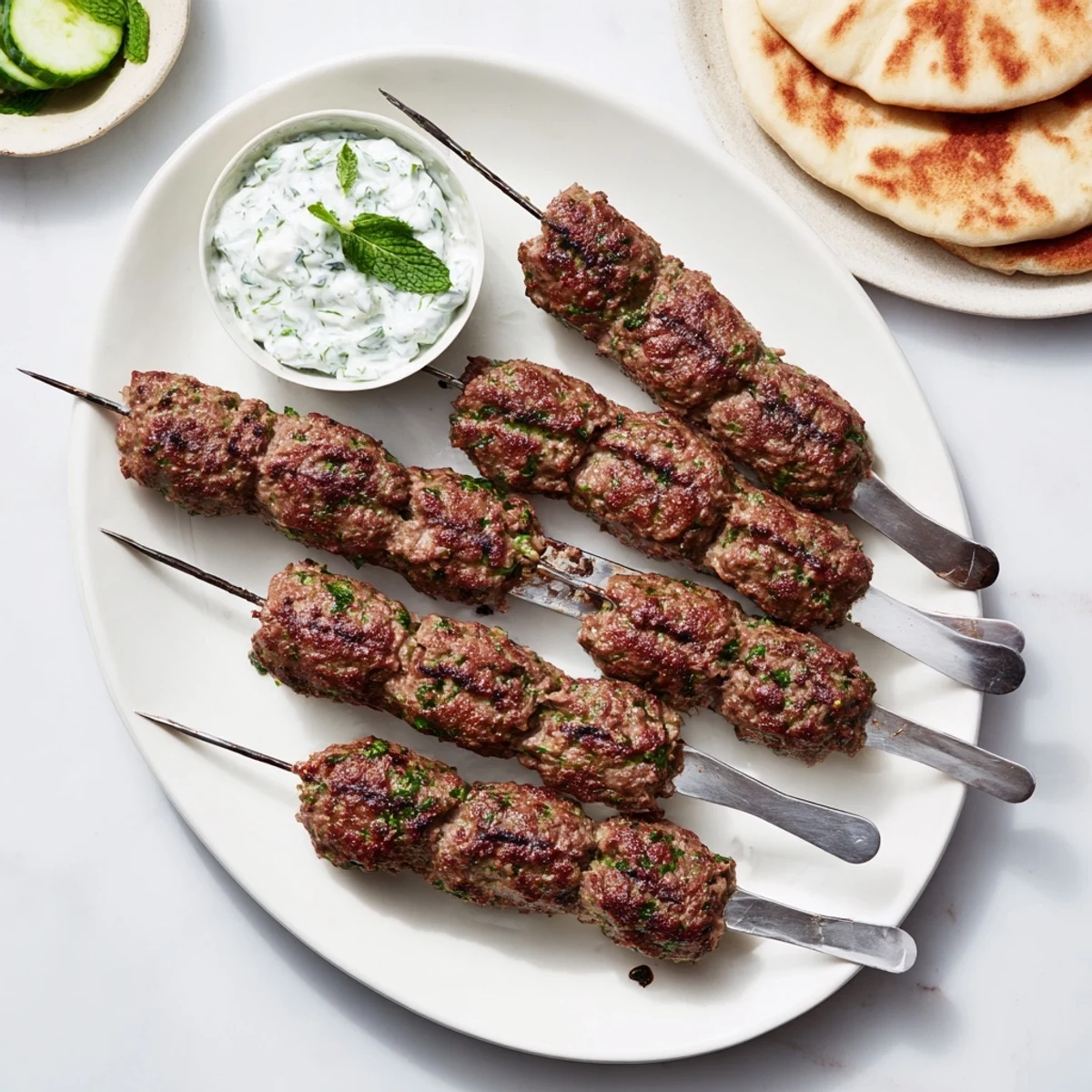 A close-up of golden beef kofta kebabs beside creamy cucumber yogurt sauce, fresh herbs, and warm pita bread for dipping.