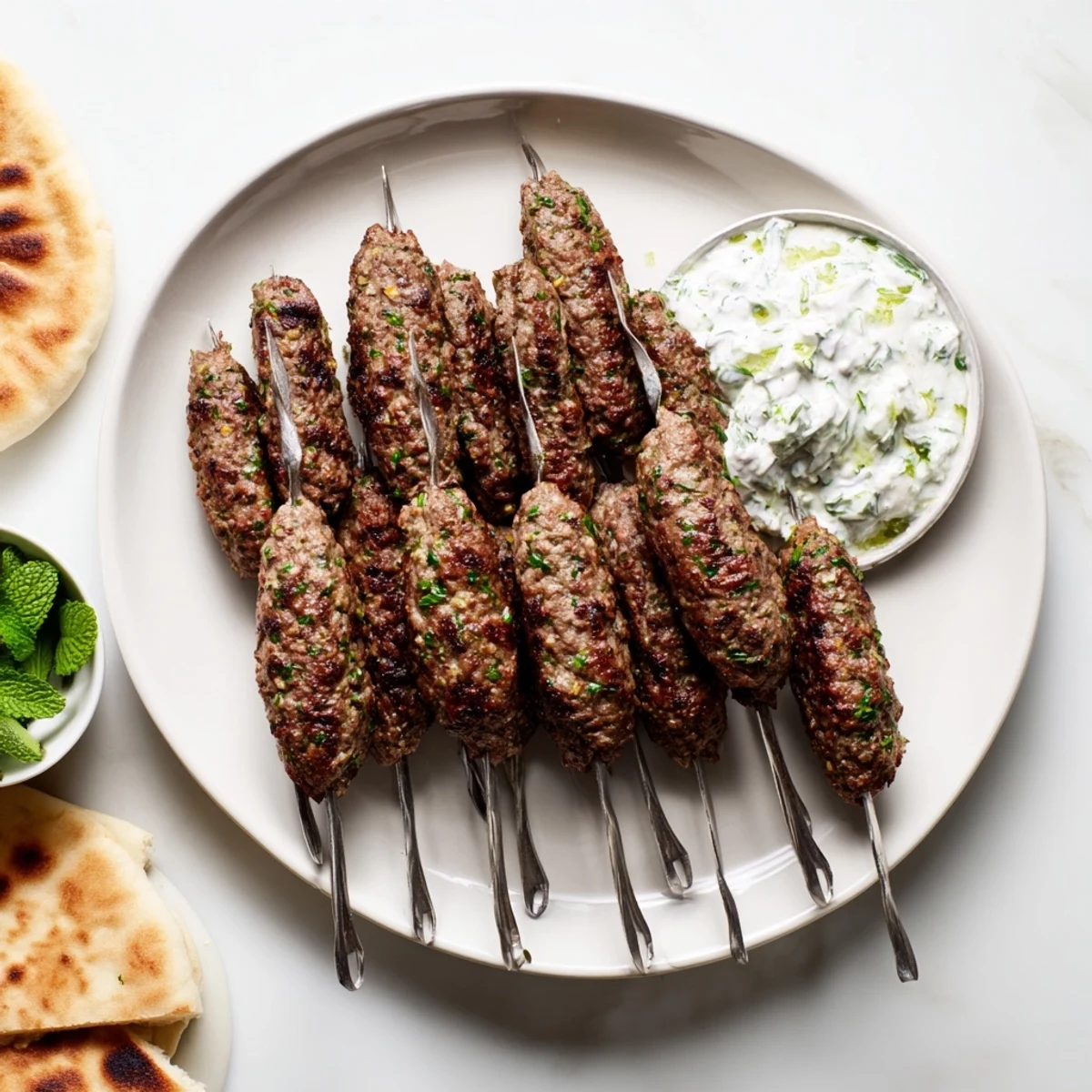 Hearty Middle Eastern-style beef kofta kebabs hot off the grill, paired with refreshing cucumber yogurt sauce for a summer meal.