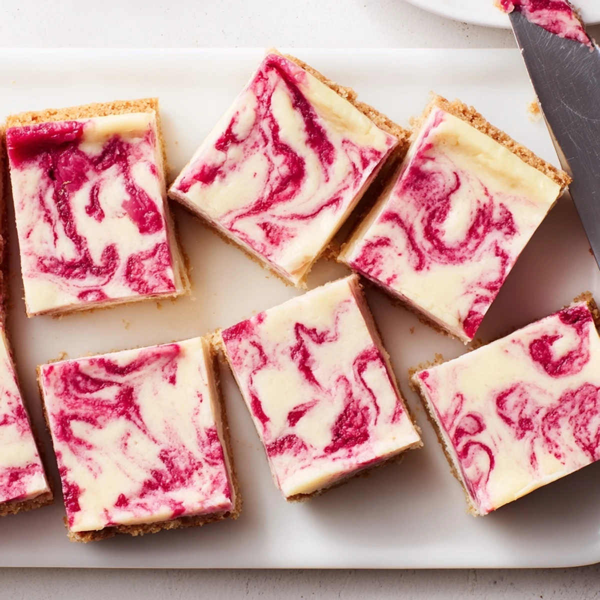 Fresh raspberries and white chocolate chunks add vibrant color and texture to these raspberry white chocolate cheesecake bars on a dessert plate.