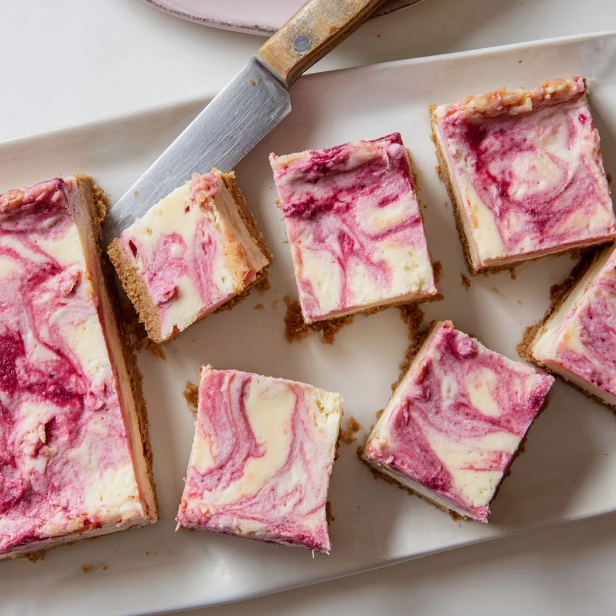 A rich, chilled raspberry white chocolate cheesecake bar is served on a white plate with a cup of coffee for a sweet treat.