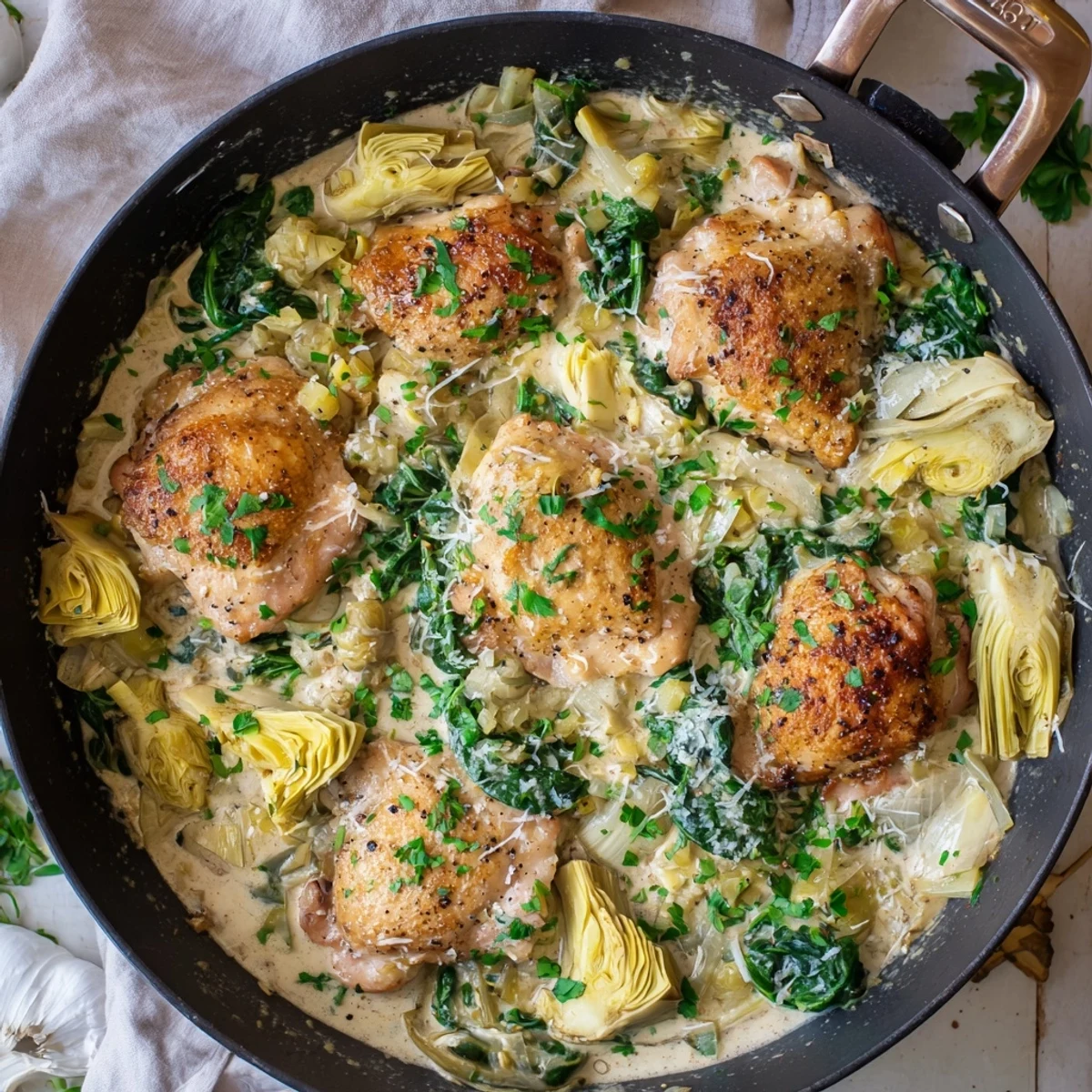Tender chicken bathed in a luscious creamy artichoke spinach sauce, garnished with fresh parsley.  