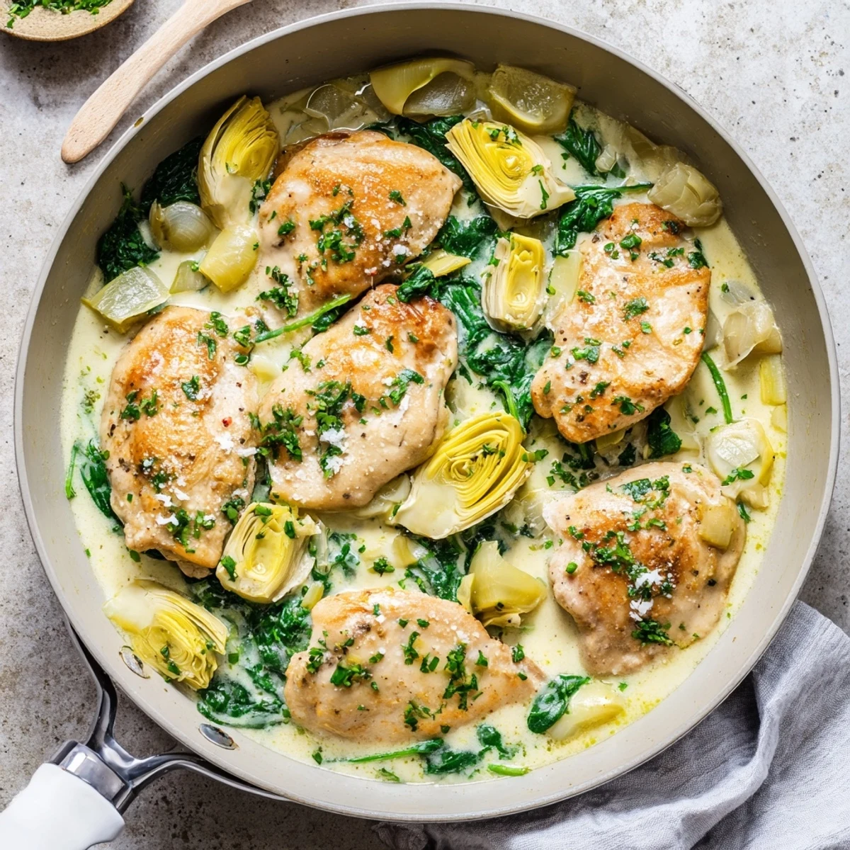 Weeknight-friendly creamy spinach and artichoke chicken skillet served with crusty bread or cauliflower mash.