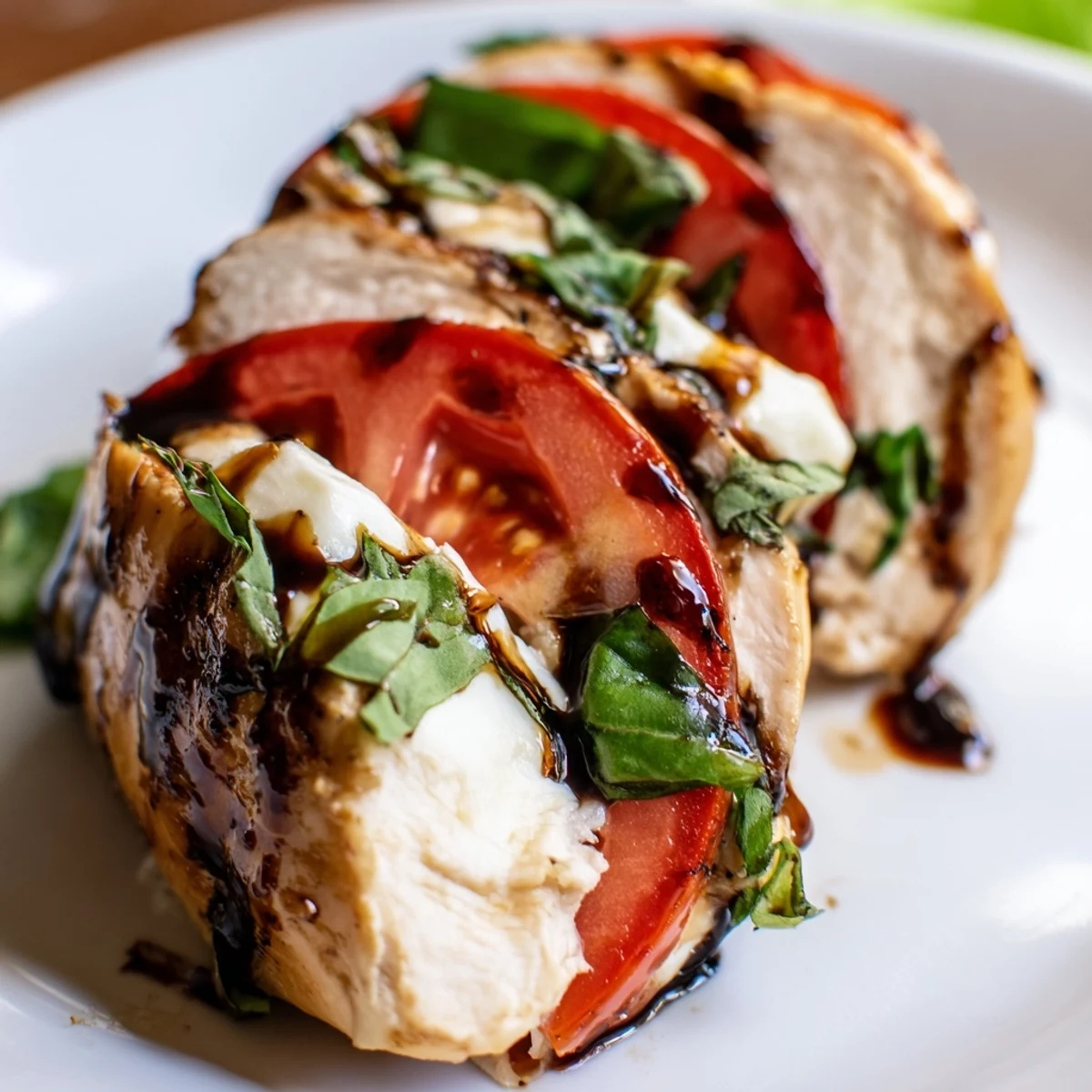 Perfectly baked Caprese Stuffed Chicken Breast topped with fresh basil and a glossy balsamic glaze.