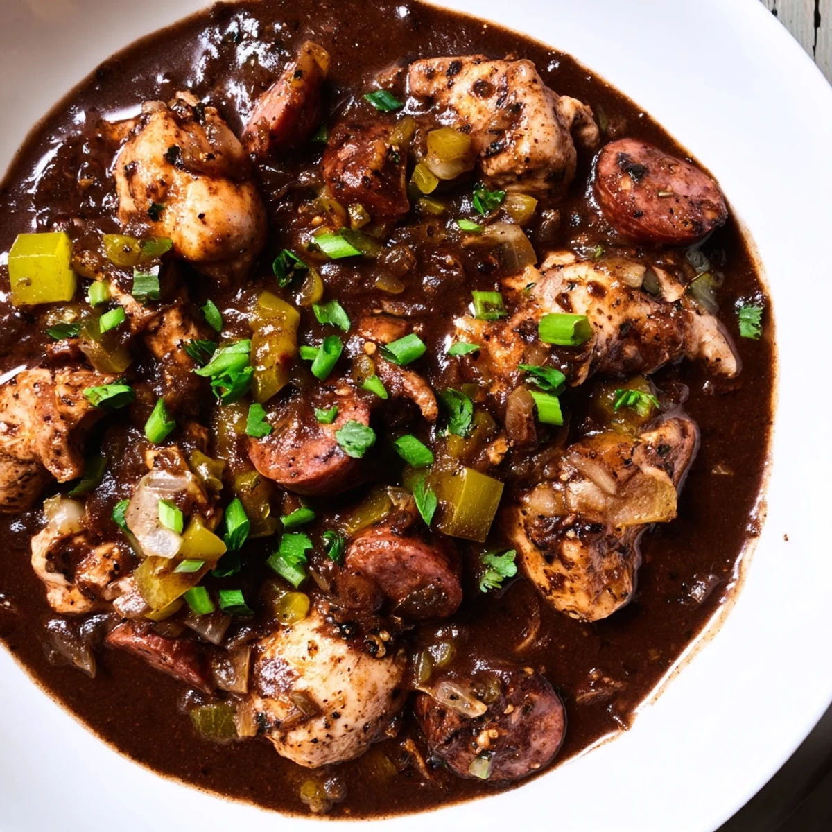 Dark roux-based Mardi Gras Chicken and Sausage Gumbo steams in a white bowl beside fluffy rice.