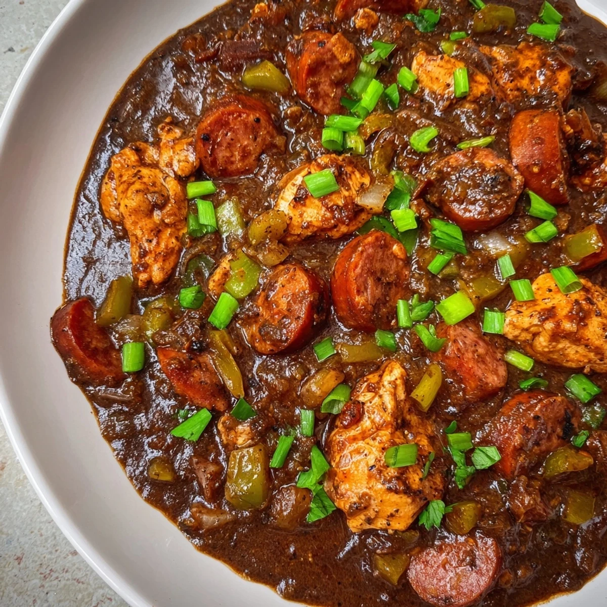 Sliced andouille sausage and tender chicken simmer in rich Mardi Gras Chicken and Sausage Gumbo.