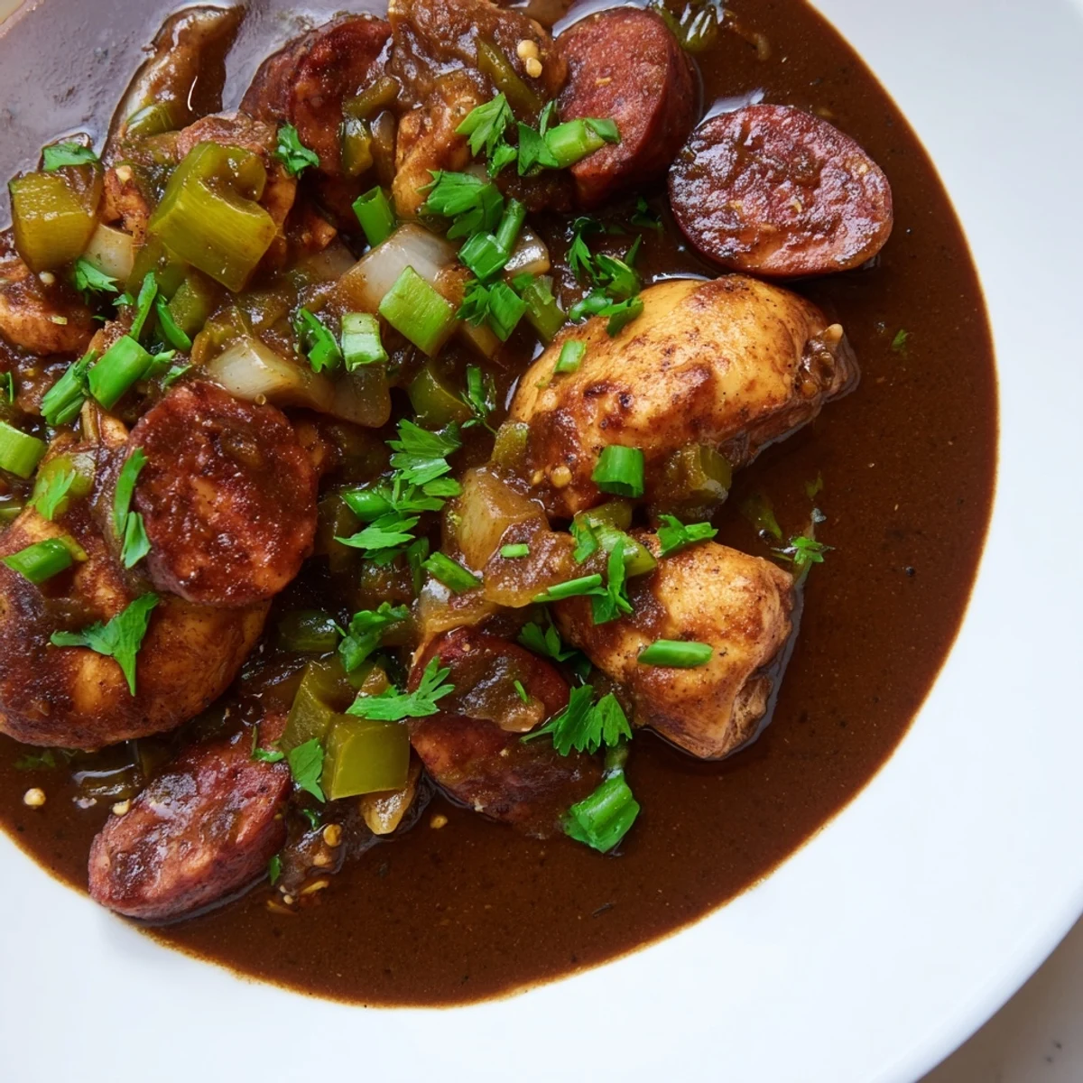 Serve Mardi Gras Chicken and Sausage Gumbo over rice with scallions for a festive Creole dinner.