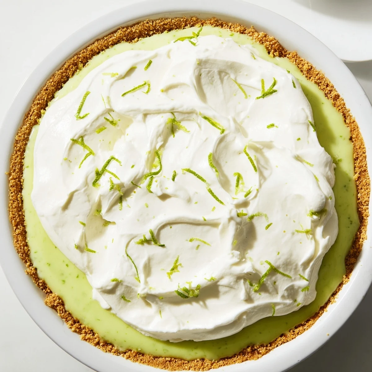 Freshly baked Green Key Lime Pie with a golden graham cracker crust and whipped cream swirls, perfect for summer dessert gatherings.  