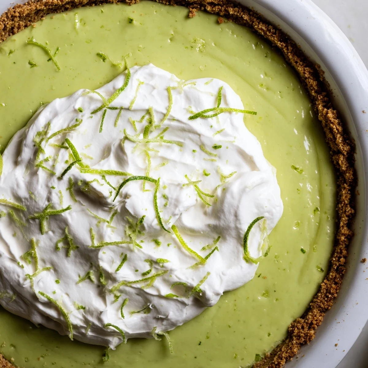 Vibrant slice of Green Key Lime Pie topped with lime zest, revealing a smooth, tangy filling on a chilled plate.  