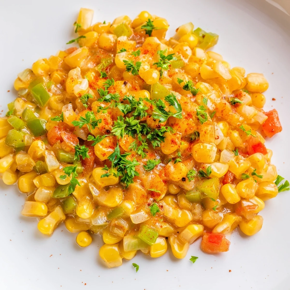 Spoon serving of Creole Corn Maque Choux from a skillet, garnished with fresh parsley, ready to pair with grilled meats.
