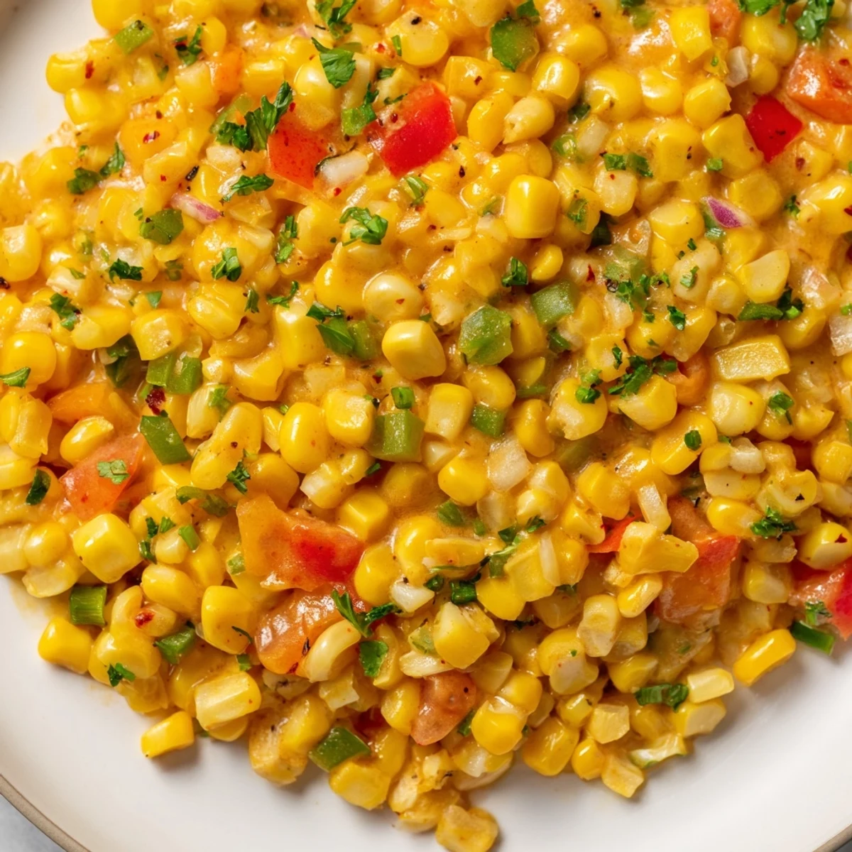 A vibrant Creole Corn Maque Choux side dish with sweet corn, tomatoes, and diced peppers simmering in a light, savory sauce.