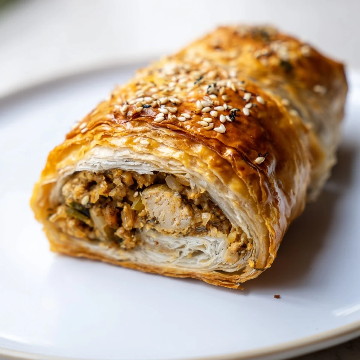 Freshly baked Game Day Sausage Rolls, with golden, flaky puff pastry filled with spiced halal sausage, served warm on a platter.