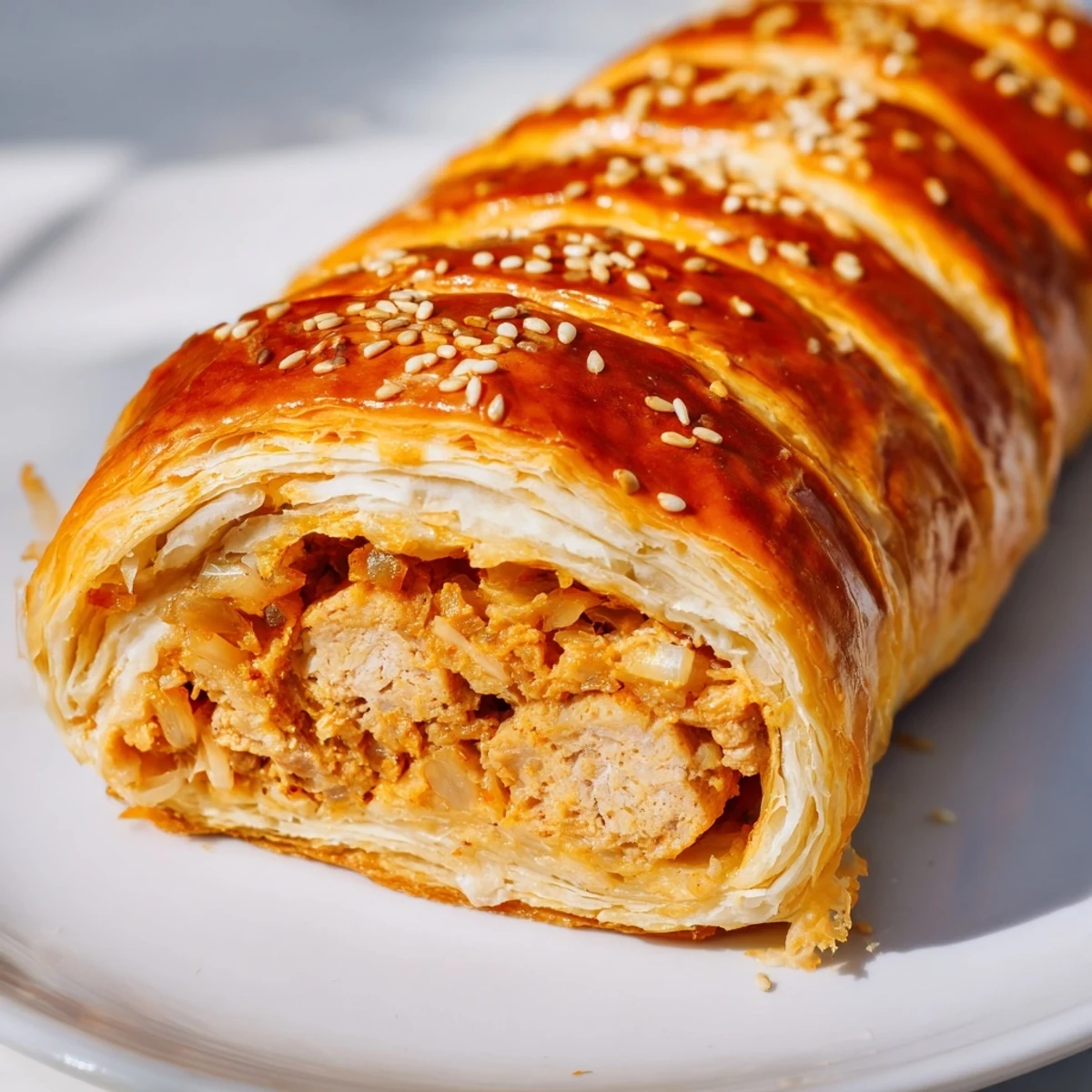 A close-up of Game Day Sausage Rolls, the sesame-seed-topped pastry revealing a juicy, perfectly cooked halal sausage filling inside.