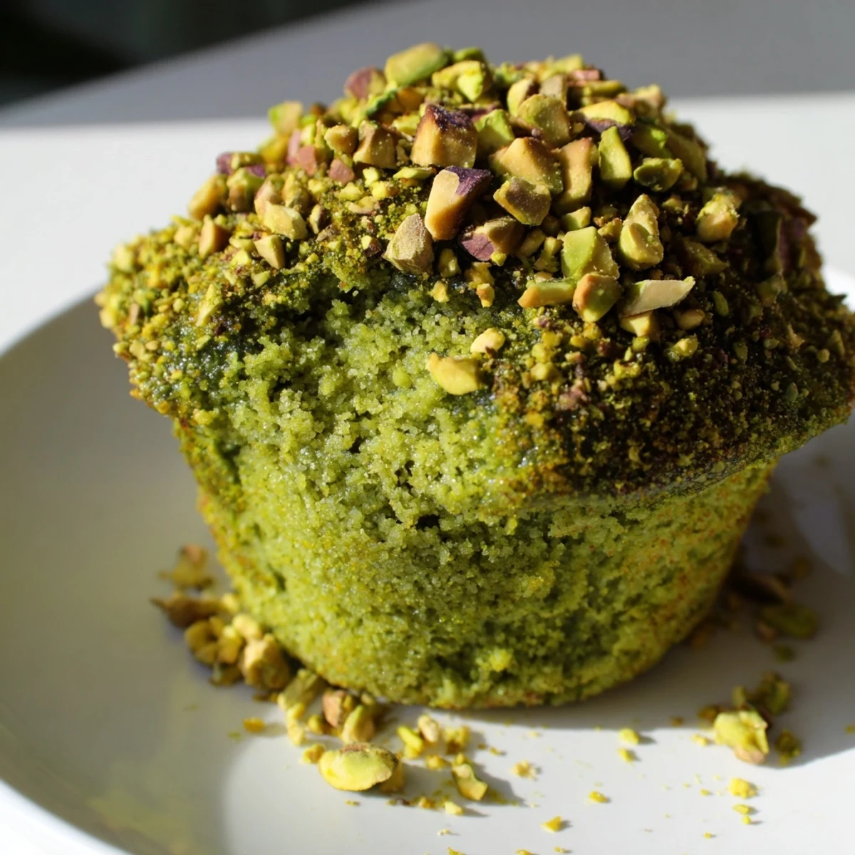 Freshly baked Green Pistachio Muffins with crumbly tops sit on a wooden board, ready to enjoy as a sweet morning treat.