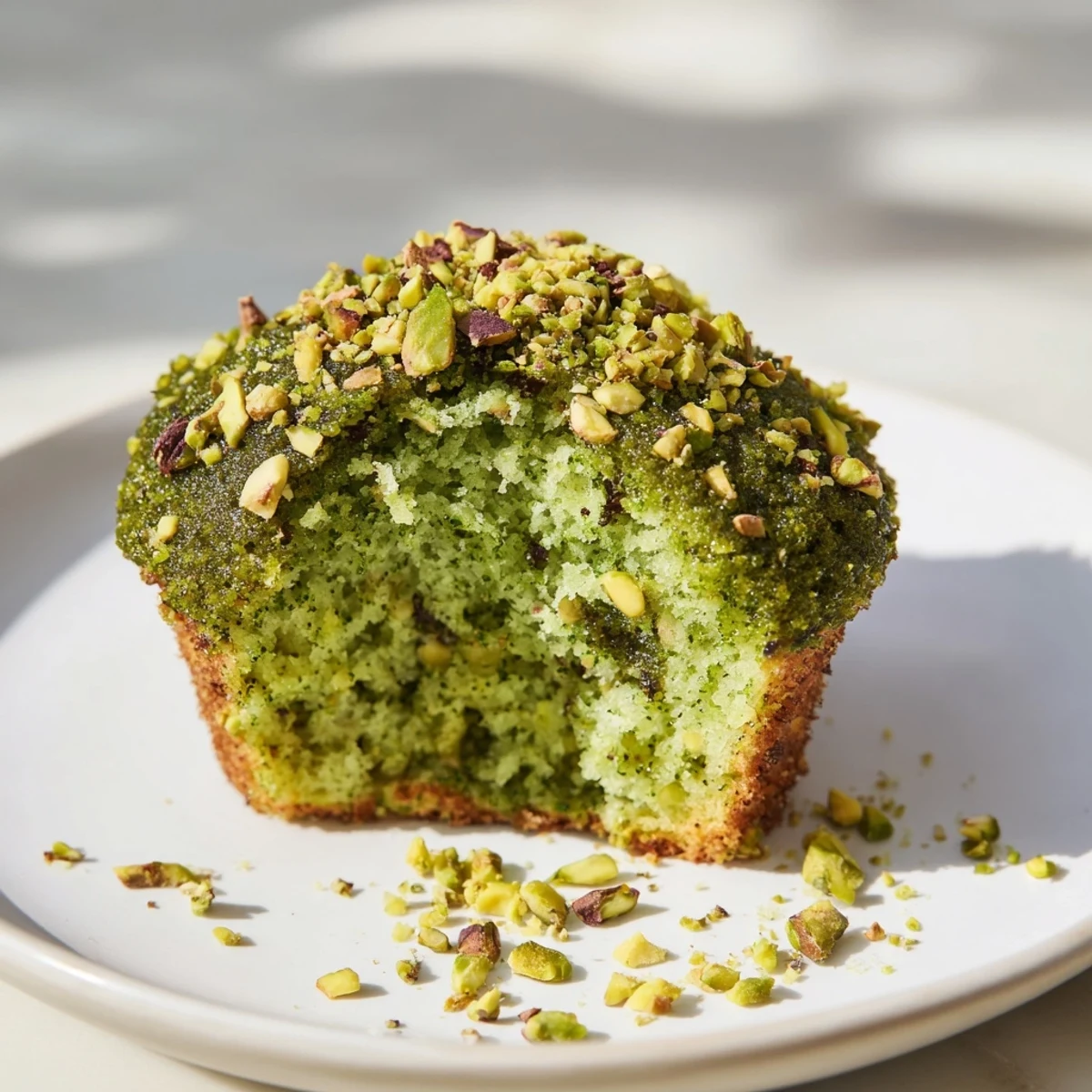 Close-up of a moist Green Pistachio Muffin with a tender crumb, topped with chopped nuts and a hint of vanilla aroma.