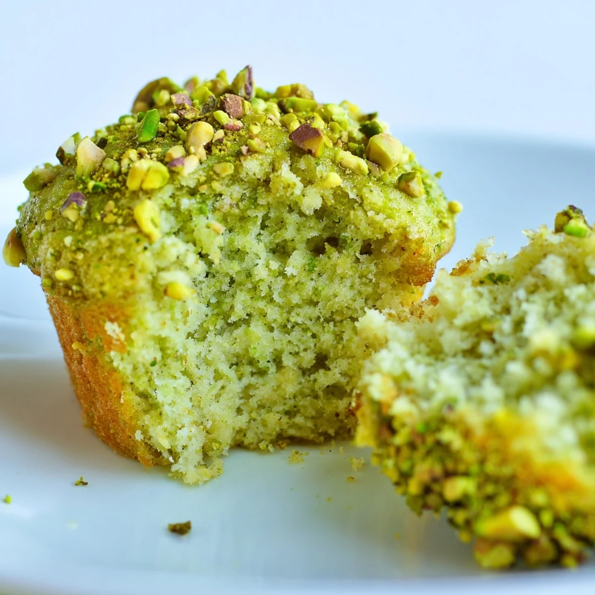 A basket of golden Green Pistachio Muffins, perfect for breakfast or snack time, displayed beside a glass of milk.