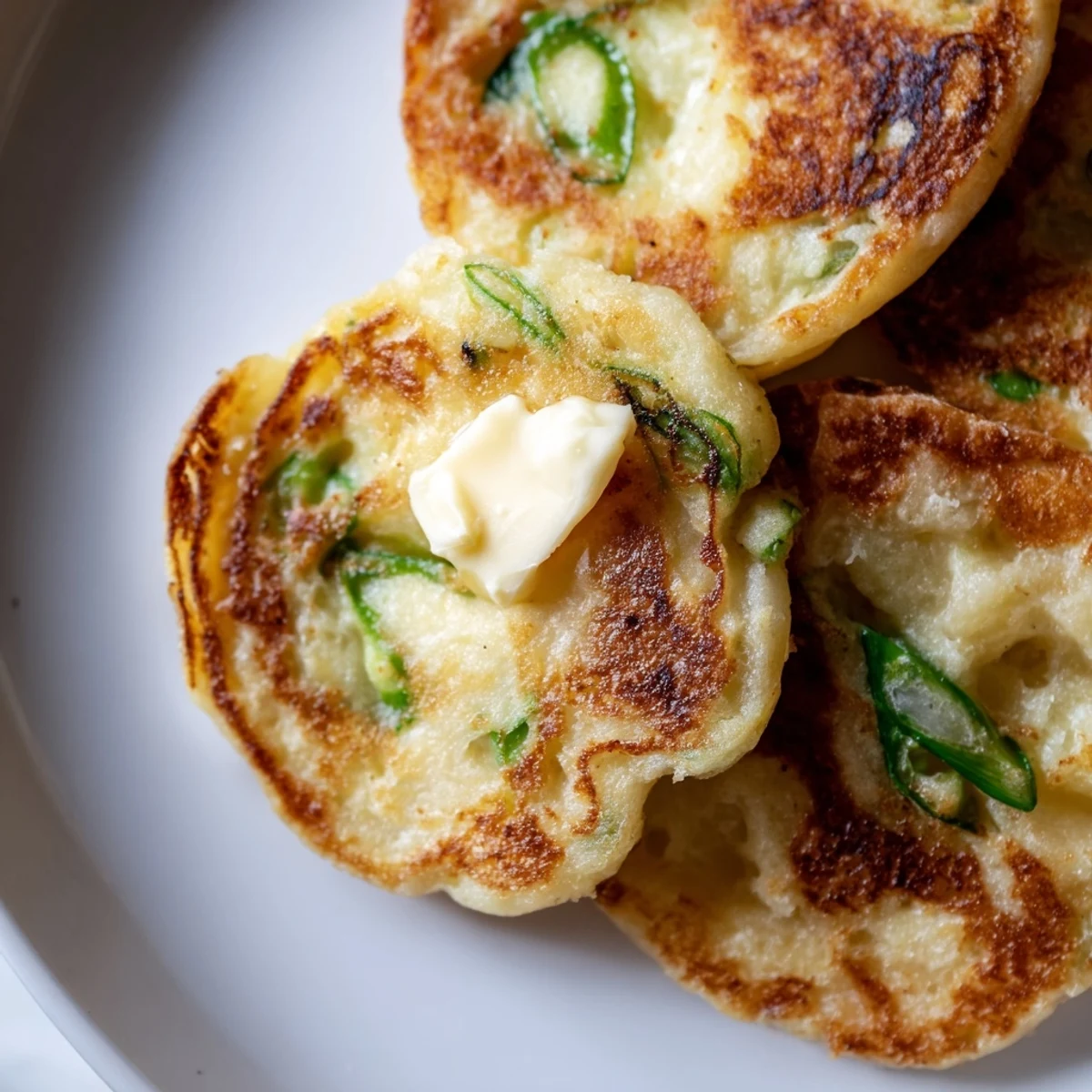 A close-up of golden-brown Irish Potato Cakes with Scallions, topped with a melting pat of butter.