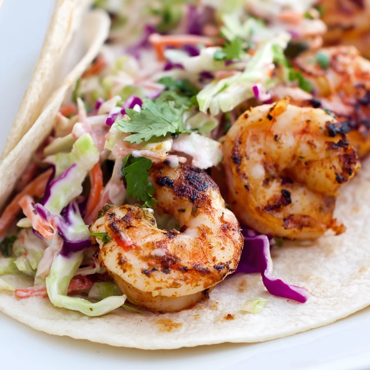 Golden-brown Cajun shrimp tacos are filled with a colorful slaw of green and red cabbage and carrots on warm tortillas.  