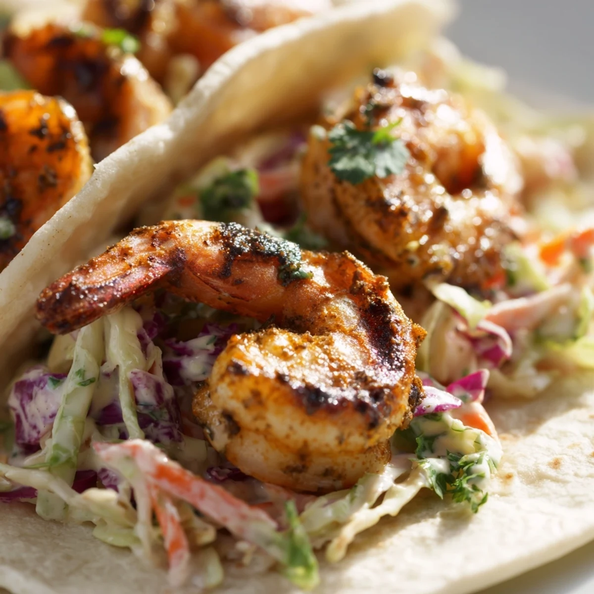 Cajun shrimp tacos with a vibrant, creamy slaw and fresh cilantro garnish are ready to serve on a rustic plate.  