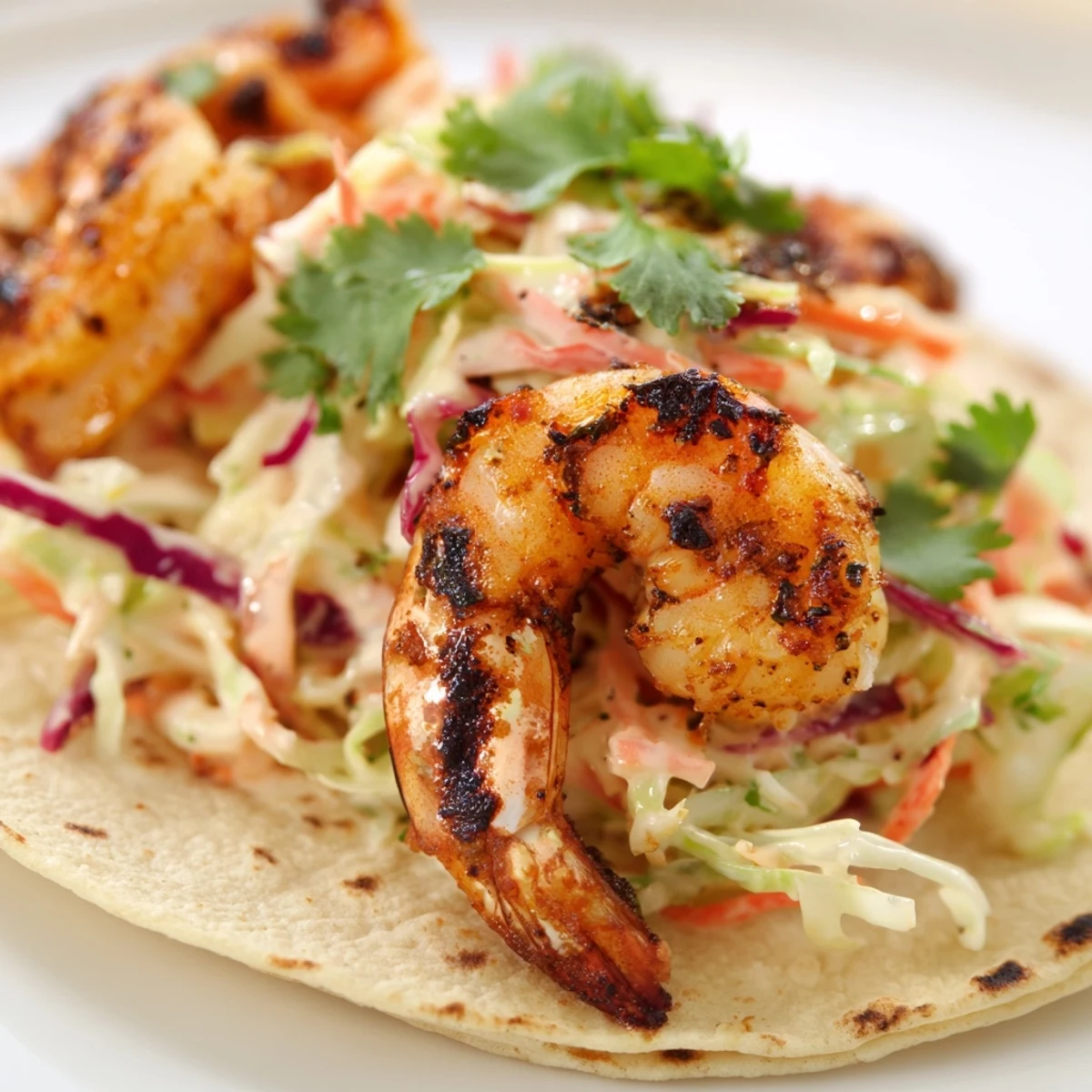 Warm tortillas cradle spicy Cajun shrimp, topped with crisp slaw and a fresh lime wedge for squeezing.