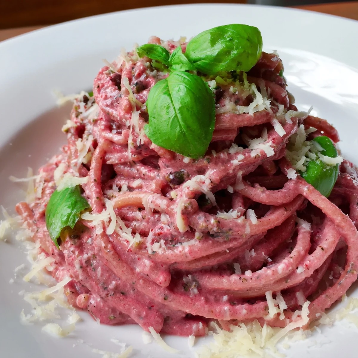 Vibrant Valentine Pink Pasta with Beet Sauce features creamy, ruby-red sauce clinging to every strand.  