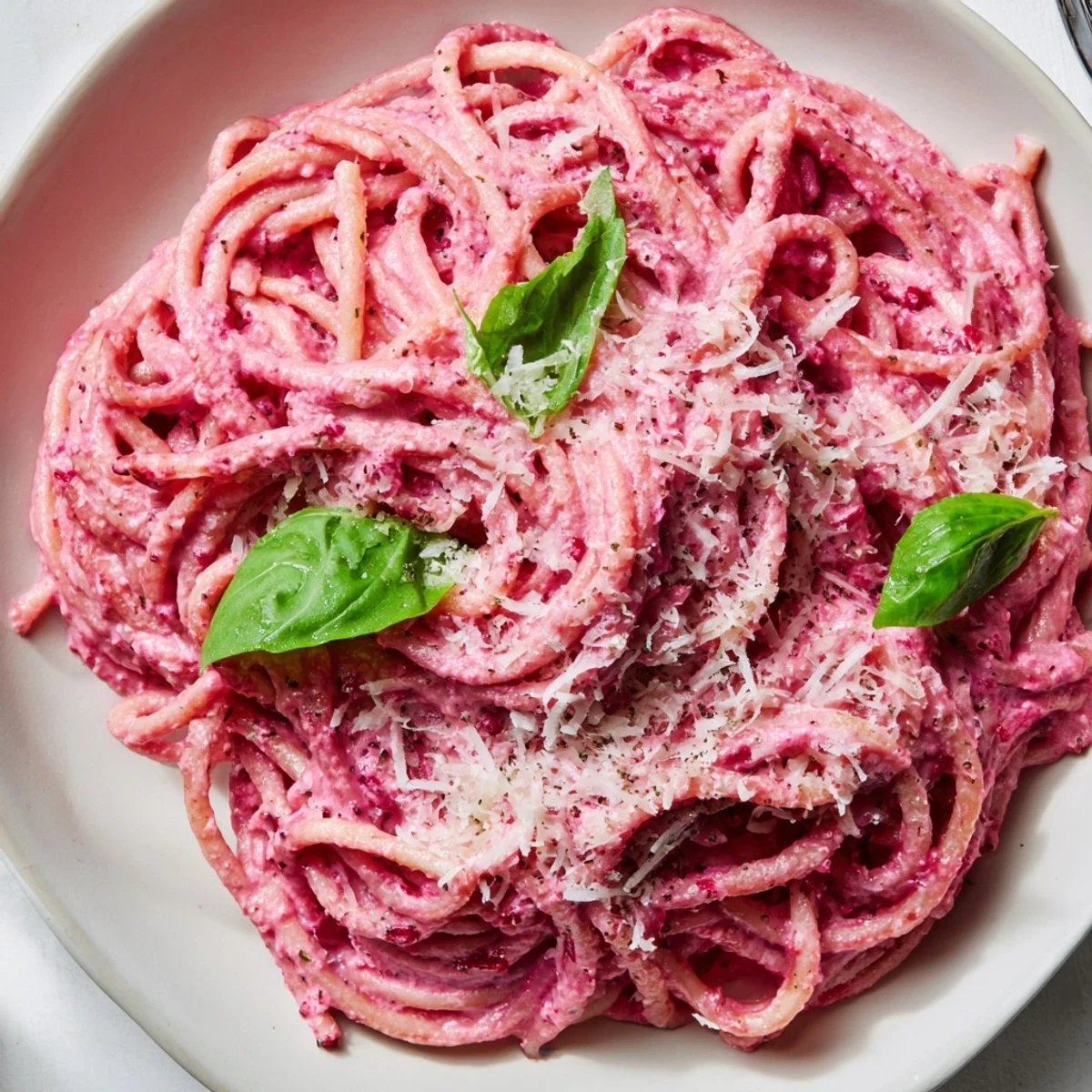 Steaming plate of Valentine Pink Pasta with Beet Sauce ready for a romantic Italian-inspired dinner.